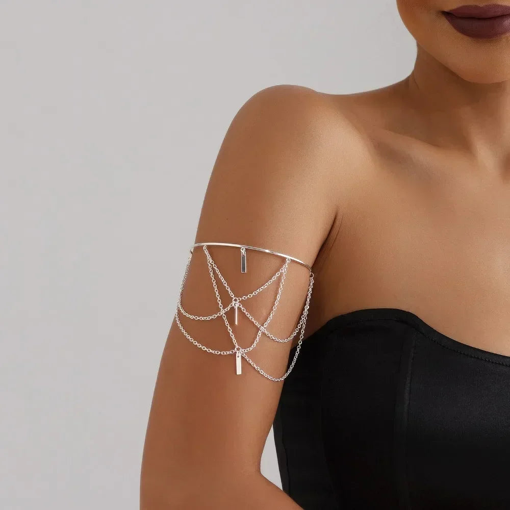 Gold Color Open Upper Arm Bracelet Women's Jewelry Rectangle Charm Tassel Arm Bangle Party Summer Fashion Accessories New