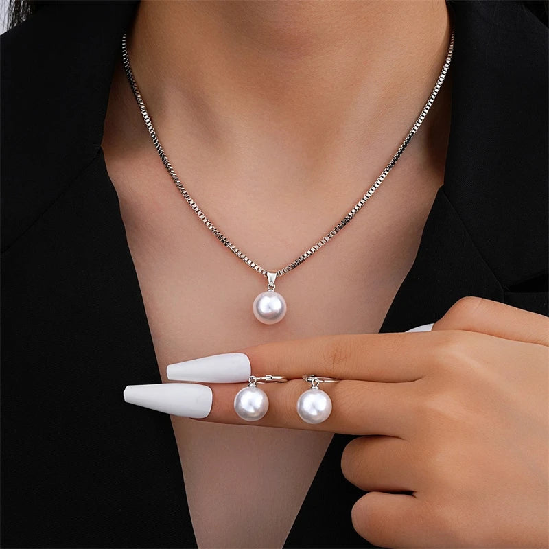 Fashion Elegant Imitation Pearl Jewelry Set for Women Exquisite Pendant Necklace Earrings Bridal Wedding Party Unique Gifts
