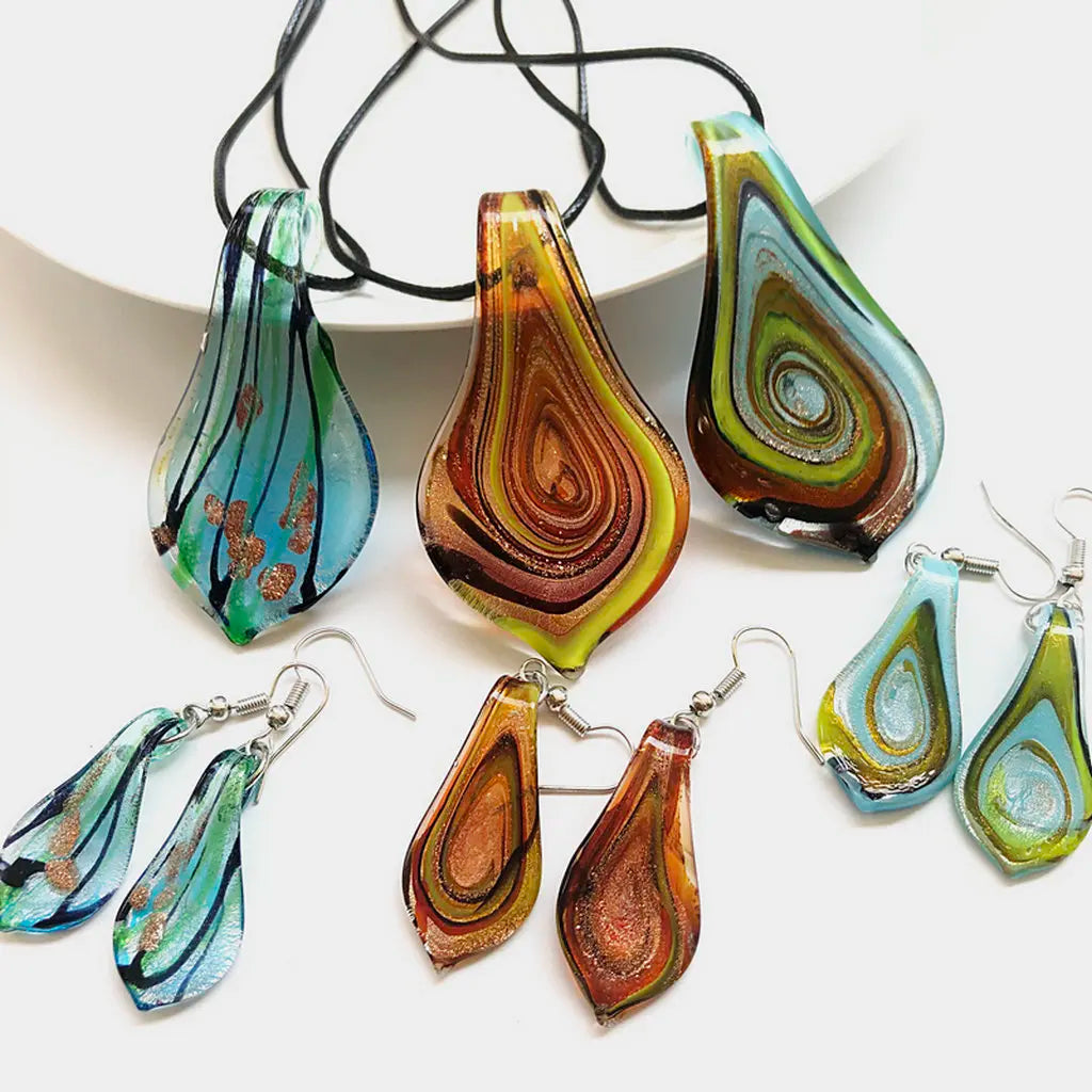 Fashion 3set   Glass Floral Leaf Shape Pendant Necklace Earrings Jewelry Set Handmade Personalized Jewelry for Women