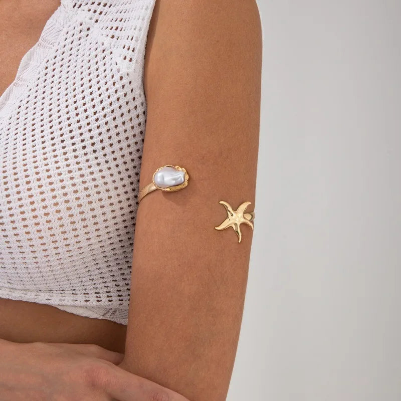 Trendy Metal Starfish Open Cuff Bangles for Women Elegant Flower Spiral Upper Arm Bracelet Boho Beach Vacation Jewelry Gifts