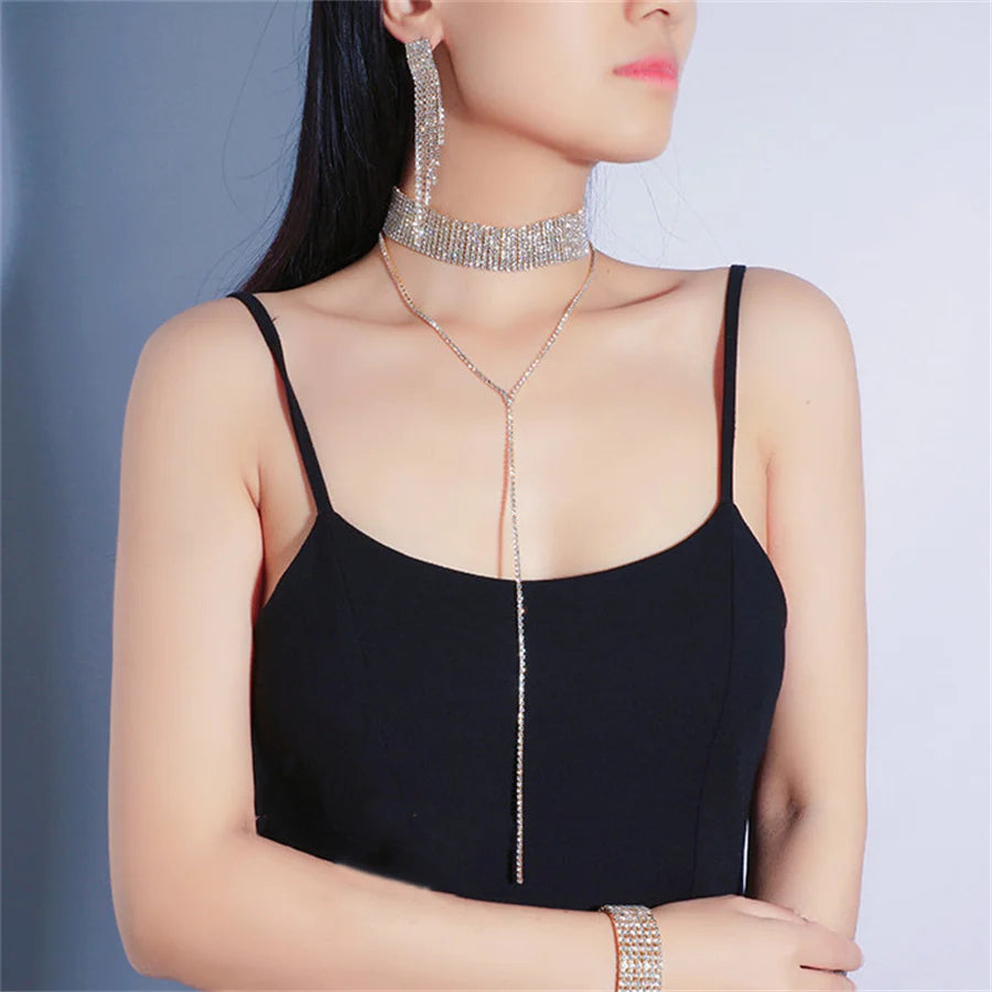 FYUAN Fashion Black Rhinestone Necklace Bracelet Earrings For Women Long Tassel Chain Necklace Lady Party Weddings Jewelry Sets