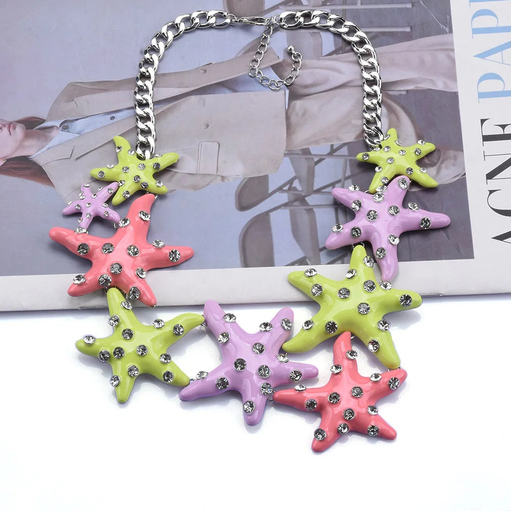 2025 New Fashion Enamel Starfish Necklace Earrings Women Jewelry Sets Indian Large Collar Metal Chain Choker Necklace Jewelry