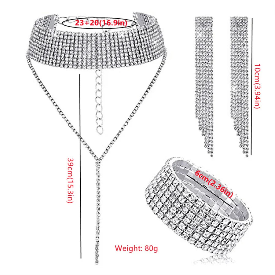 FYUAN Fashion Black Rhinestone Necklace Bracelet Earrings For Women Long Tassel Chain Necklace Lady Party Weddings Jewelry Sets