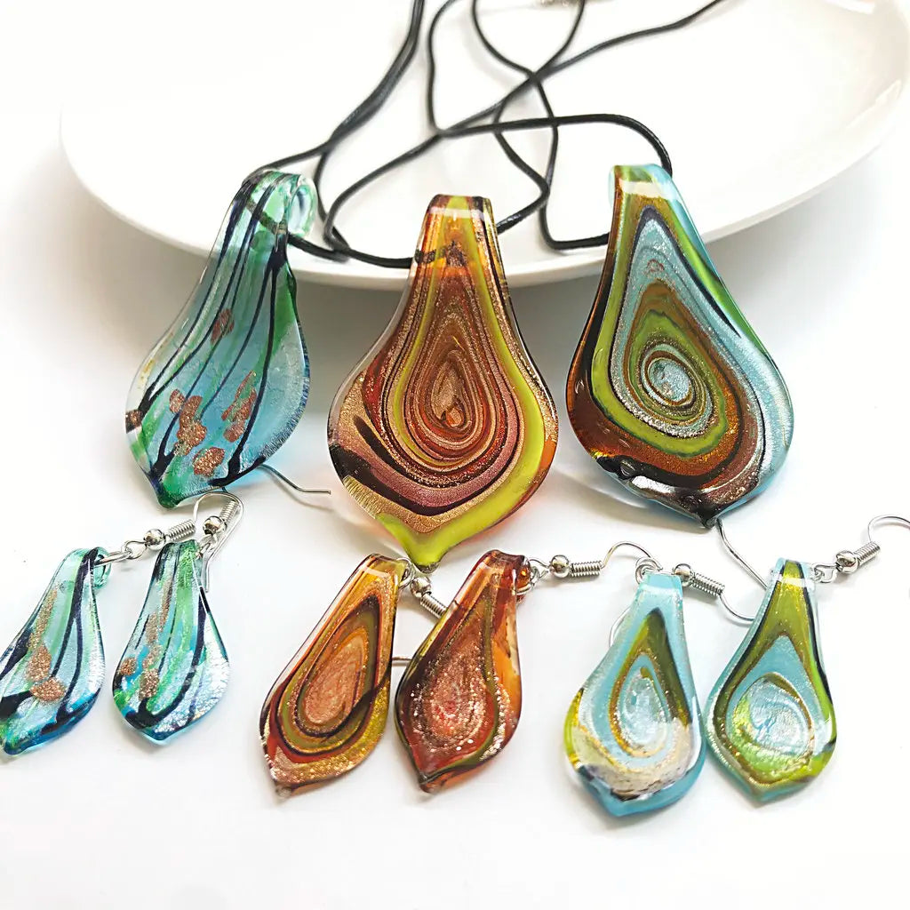 Fashion 3set   Glass Floral Leaf Shape Pendant Necklace Earrings Jewelry Set Handmade Personalized Jewelry for Women