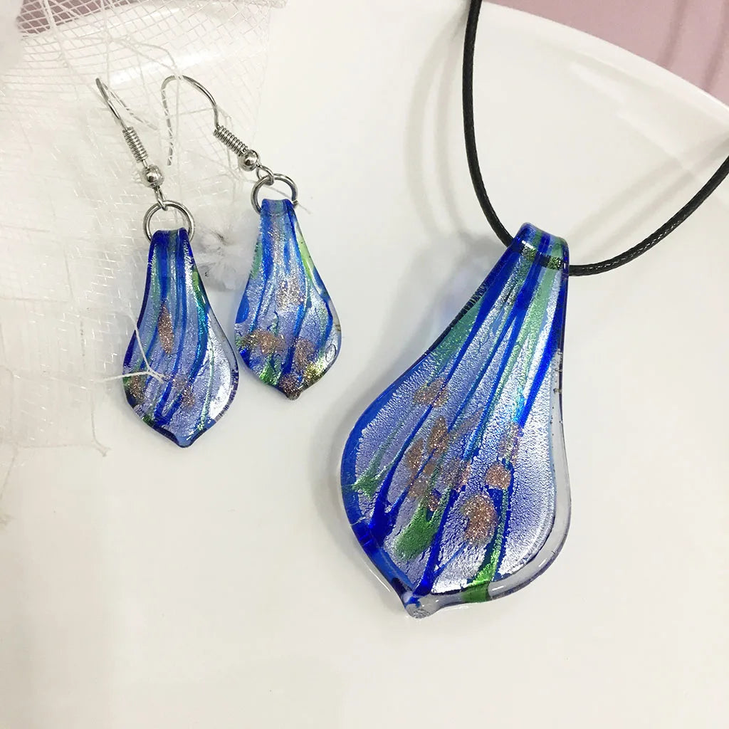 Fashion 3set   Glass Floral Leaf Shape Pendant Necklace Earrings Jewelry Set Handmade Personalized Jewelry for Women