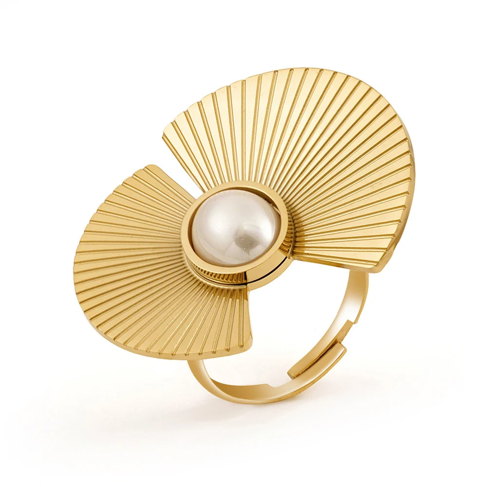 ENFASHION Aretes Flower Batch Pearl Stud Earrings For Women's Stainless steel 18K Gold Plated Fashion Ring Set Jewelry E251738