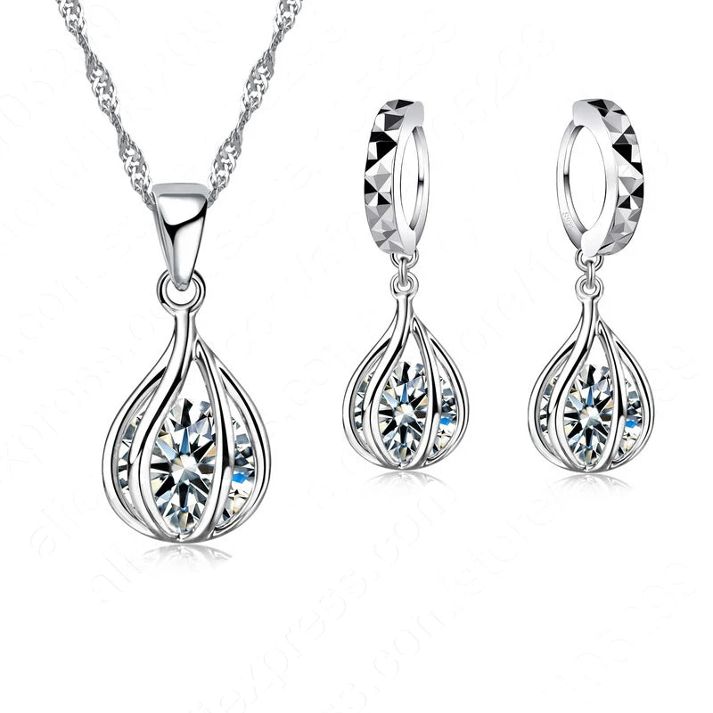 Fashion Popular Jewelry Set For Women Shiny Crystal Stone 925 Sterling Silver Pendant Necklace Hoop Earring Party Gift