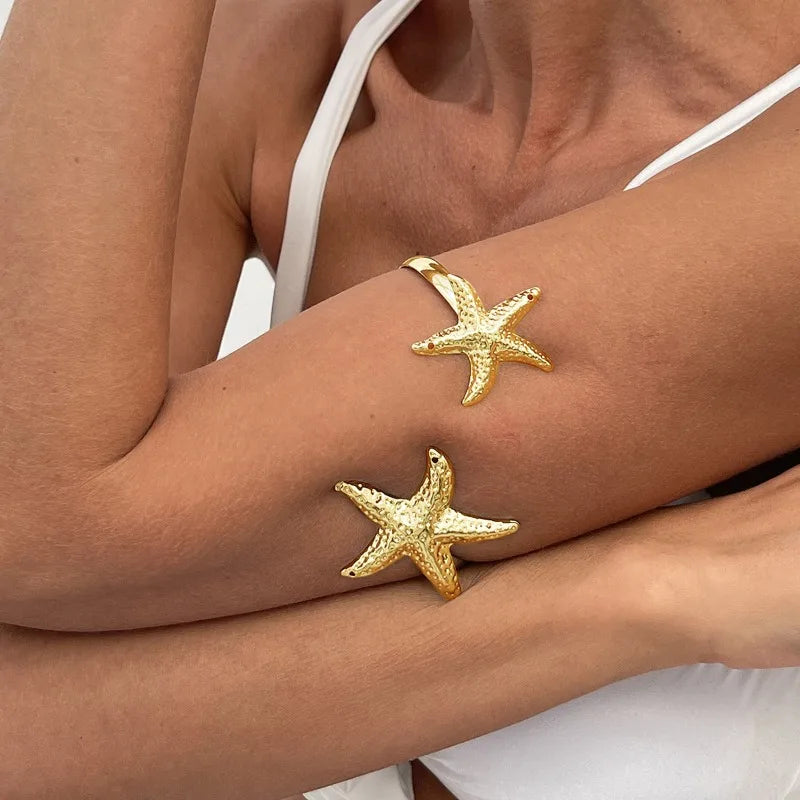 Trendy Metal Starfish Open Cuff Bangles for Women Elegant Flower Spiral Upper Arm Bracelet Boho Beach Vacation Jewelry Gifts