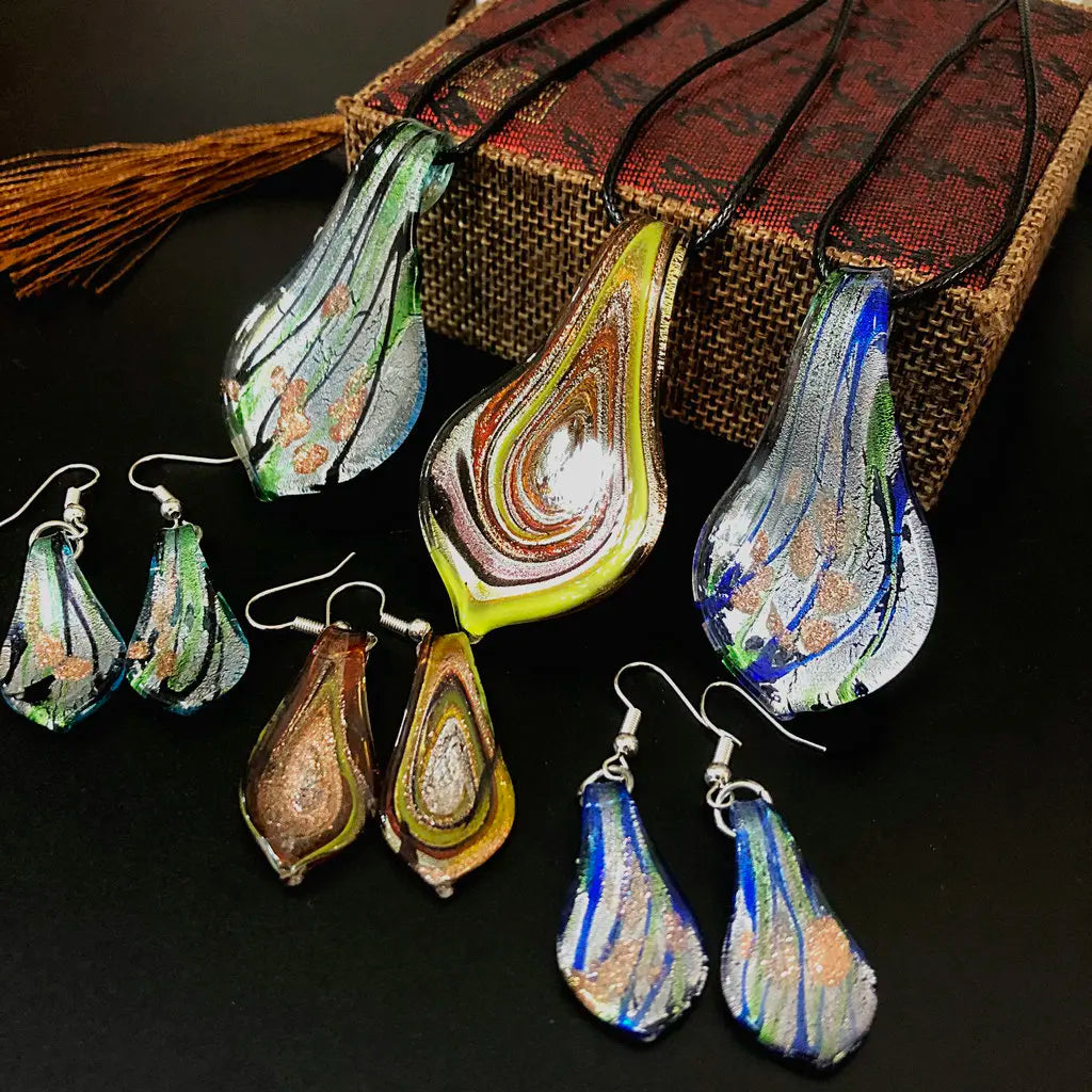 Fashion 3set   Glass Floral Leaf Shape Pendant Necklace Earrings Jewelry Set Handmade Personalized Jewelry for Women