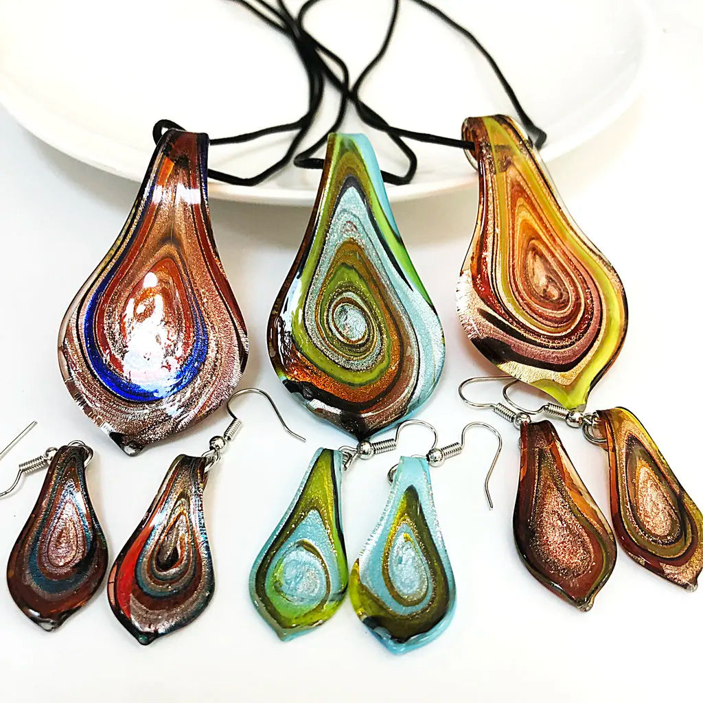 Fashion 3set   Glass Floral Leaf Shape Pendant Necklace Earrings Jewelry Set Handmade Personalized Jewelry for Women