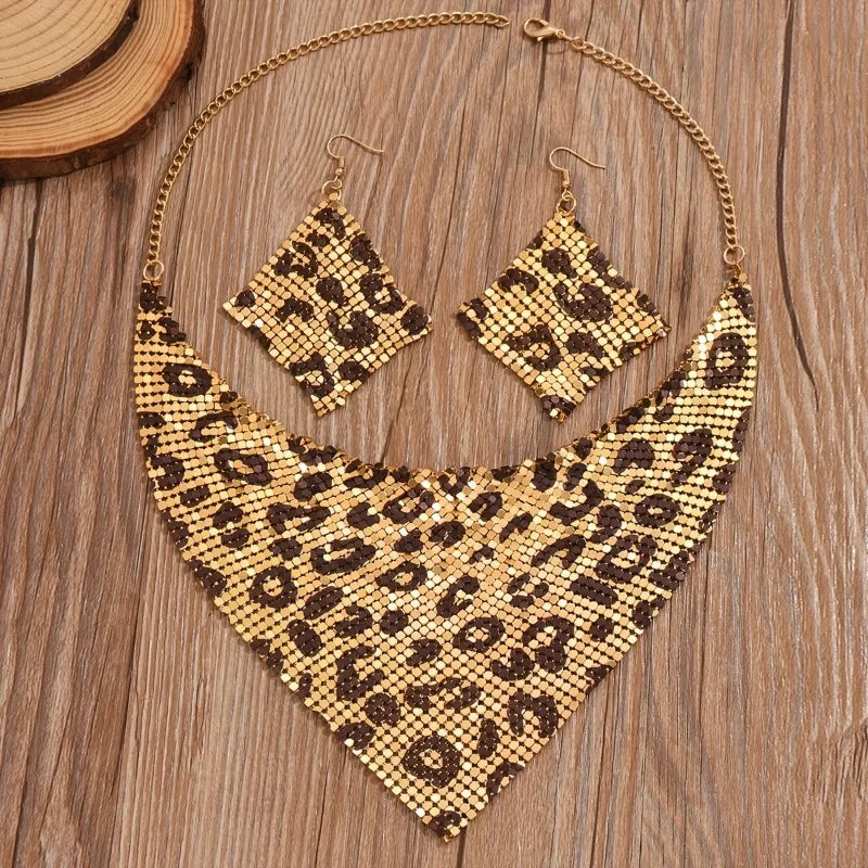 Fashion Leopard Print Jewelry Set 3pcs Sexy Bib Necklace & Dangle Earrings Vintage Elegant Design Versatile Stylish Accessories