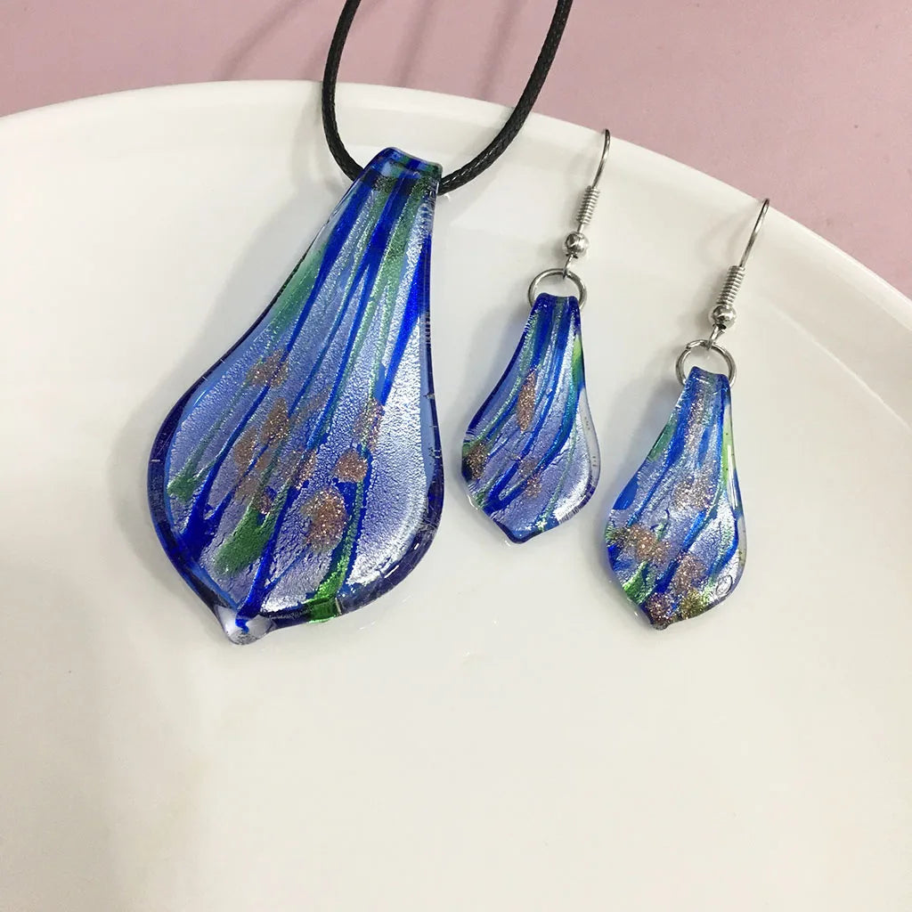 Fashion 3set   Glass Floral Leaf Shape Pendant Necklace Earrings Jewelry Set Handmade Personalized Jewelry for Women