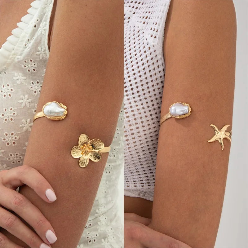 Trendy Metal Starfish Open Cuff Bangles for Women Elegant Flower Spiral Upper Arm Bracelet Boho Beach Vacation Jewelry Gifts
