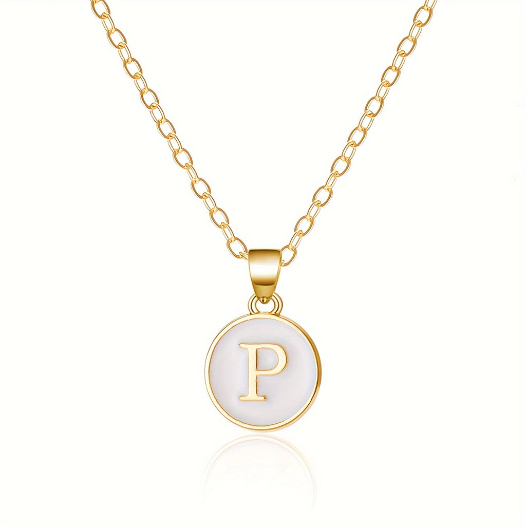 Round Shape 26 English Letter Pattern Pendant Necklace Elegant Simple Style Zinc Alloy Jewelry Trendy Female Necklace