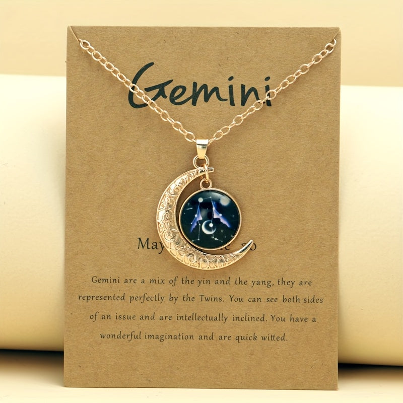 1pc Retro Glow-in-the-Dark Zodiac Moon Pendant Necklace - Vintage Style, Zinc Alloy with Glass Accents, Adjustable Chain for Women - Ideal for Daily Wear & Gifting, Zodiac Jewelry, Gift Jewelry, Vintage Jewelry, Durable Jewel