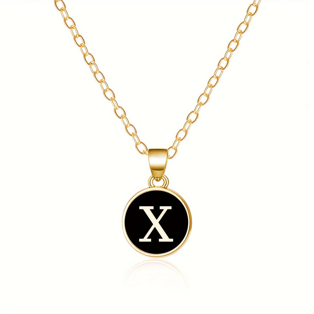 Round Shape 26 English Letter Pattern Pendant Necklace Elegant Simple Style Zinc Alloy Jewelry Trendy Female Necklace