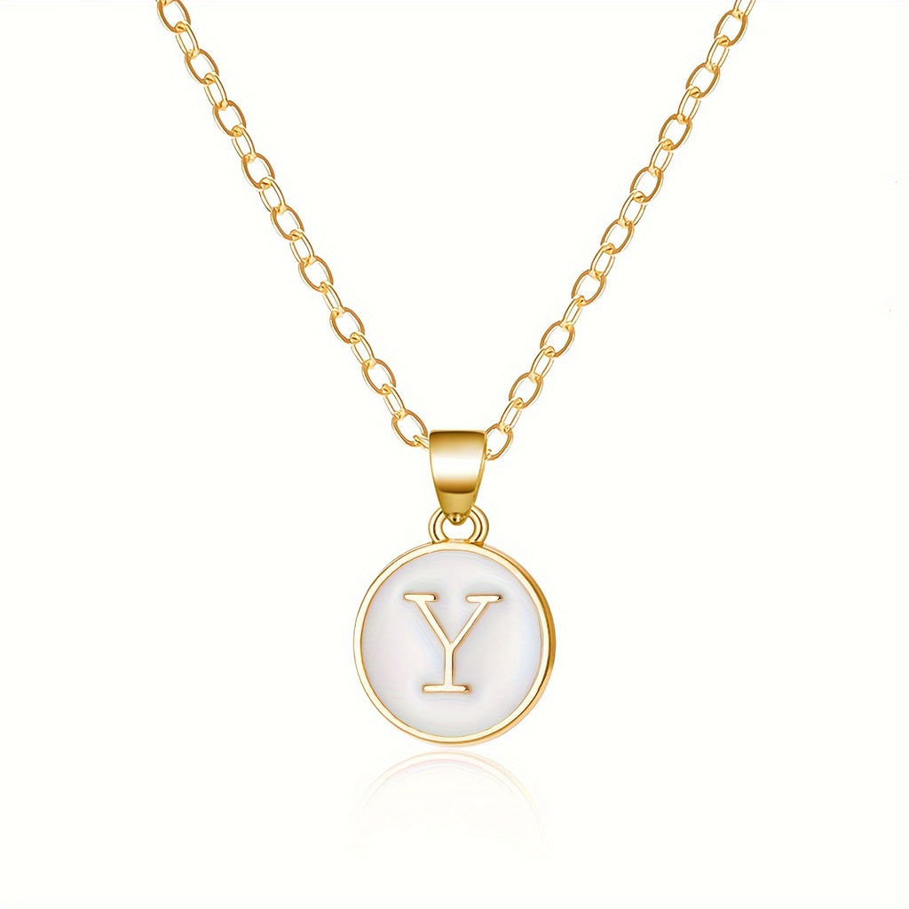 Round Shape 26 English Letter Pattern Pendant Necklace Elegant Simple Style Zinc Alloy Jewelry Trendy Female Necklace