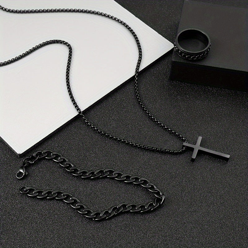 3pcs 3-Piece Men's Stainless Steel Cross Necklace Bracelet & Ring Set - Black