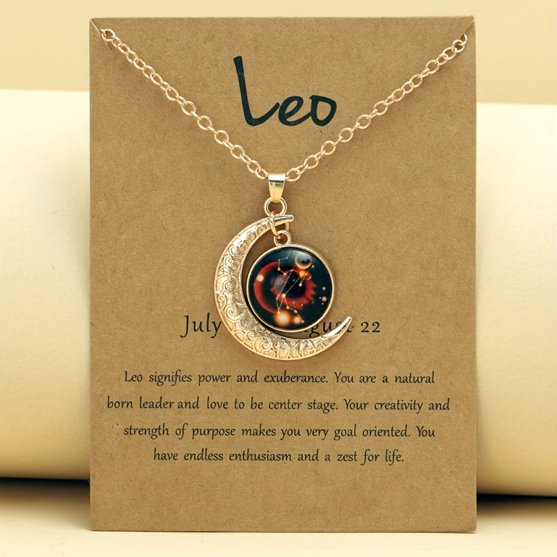 1pc Retro Glow-in-the-Dark Zodiac Moon Pendant Necklace - Vintage Style, Zinc Alloy with Glass Accents, Adjustable Chain for Women - Ideal for Daily Wear & Gifting, Zodiac Jewelry, Gift Jewelry, Vintage Jewelry, Durable Jewel