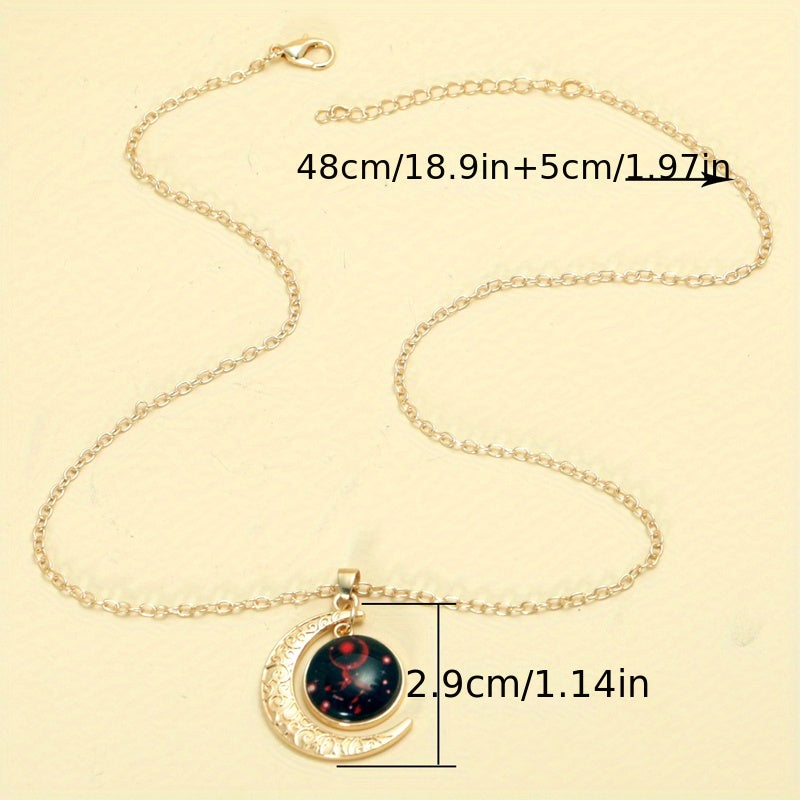 1pc Retro Glow-in-the-Dark Zodiac Moon Pendant Necklace - Vintage Style, Zinc Alloy with Glass Accents, Adjustable Chain for Women - Ideal for Daily Wear & Gifting, Zodiac Jewelry, Gift Jewelry, Vintage Jewelry, Durable Jewel