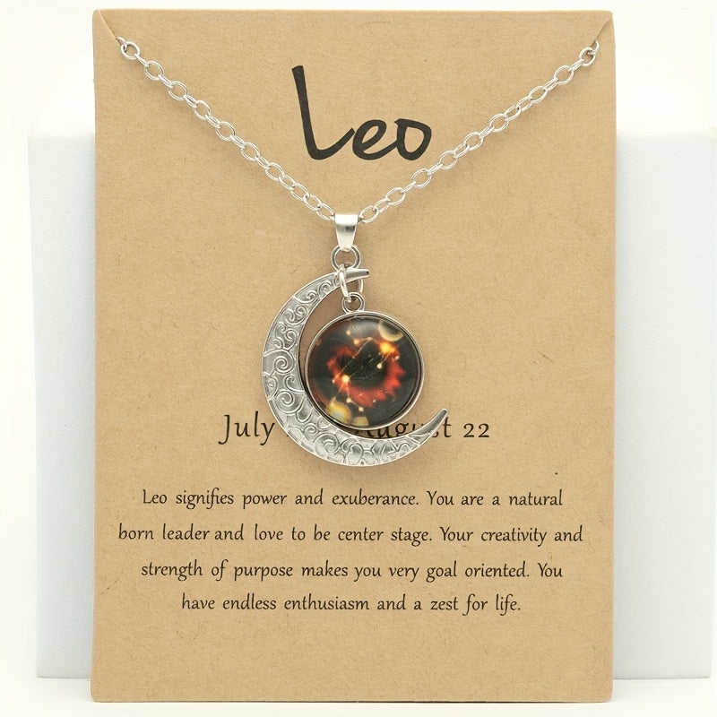 1pc Retro Glow-in-the-Dark Zodiac Moon Pendant Necklace - Vintage Style, Zinc Alloy with Glass Accents, Adjustable Chain for Women - Ideal for Daily Wear & Gifting, Zodiac Jewelry, Gift Jewelry, Vintage Jewelry, Durable Jewel