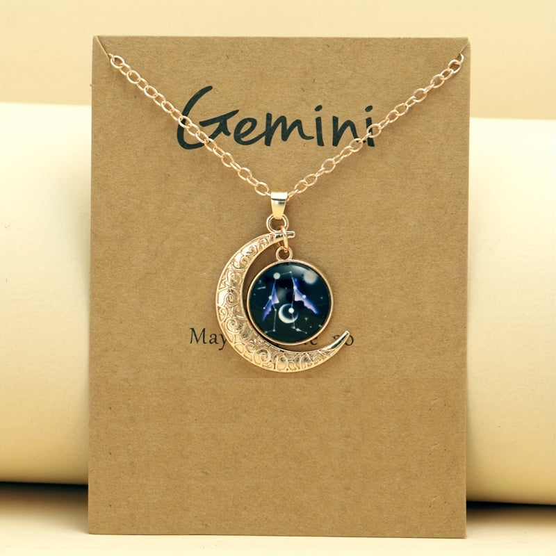 1pc Retro Glow-in-the-Dark Zodiac Moon Pendant Necklace - Vintage Style, Zinc Alloy with Glass Accents, Adjustable Chain for Women - Ideal for Daily Wear & Gifting, Zodiac Jewelry, Gift Jewelry, Vintage Jewelry, Durable Jewel
