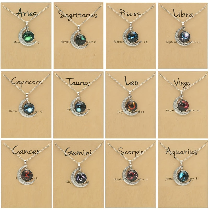 1pc Retro Glow-in-the-Dark Zodiac Moon Pendant Necklace - Vintage Style, Zinc Alloy with Glass Accents, Adjustable Chain for Women - Ideal for Daily Wear & Gifting, Zodiac Jewelry, Gift Jewelry, Vintage Jewelry, Durable Jewel
