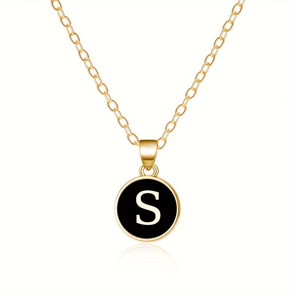 Round Shape 26 English Letter Pattern Pendant Necklace Elegant Simple Style Zinc Alloy Jewelry Trendy Female Necklace