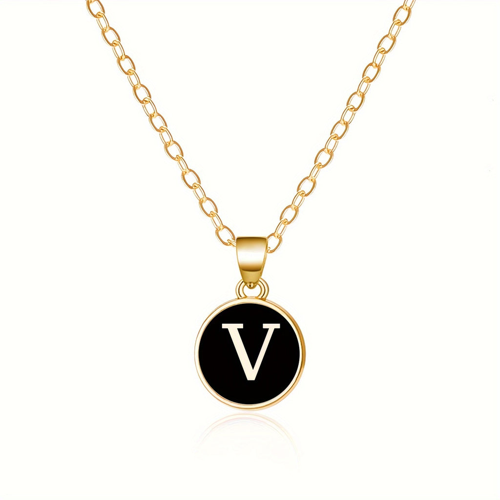 Round Shape 26 English Letter Pattern Pendant Necklace Elegant Simple Style Zinc Alloy Jewelry Trendy Female Necklace