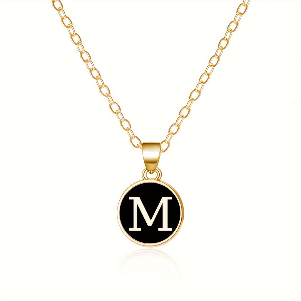 Round Shape 26 English Letter Pattern Pendant Necklace Elegant Simple Style Zinc Alloy Jewelry Trendy Female Necklace
