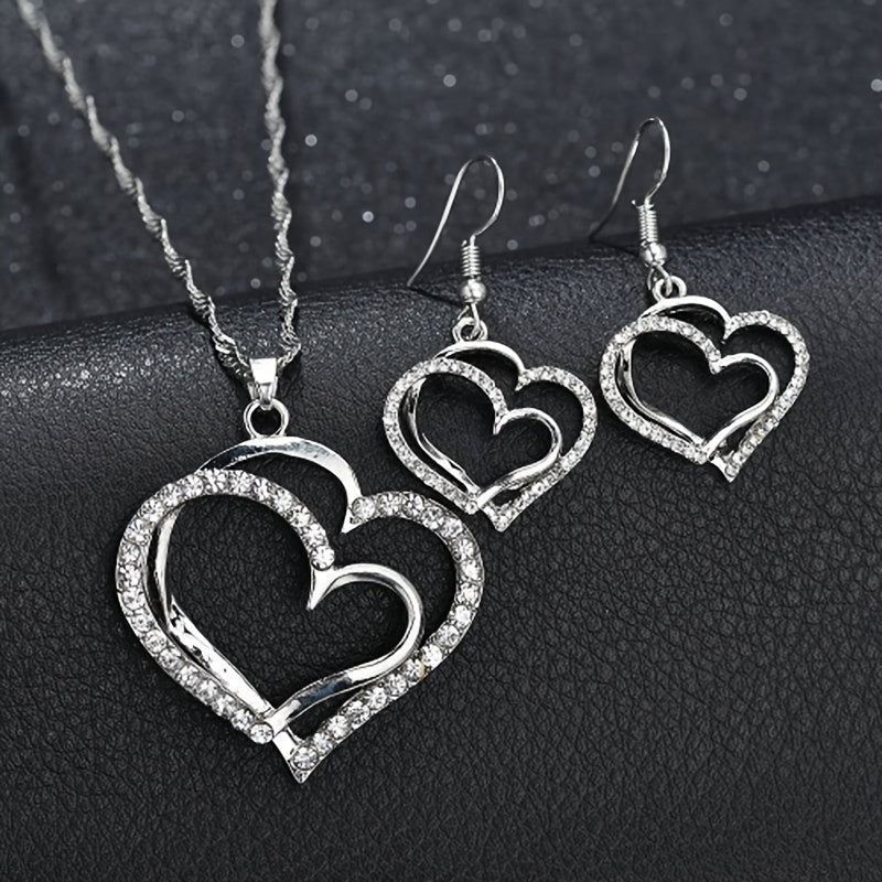 1 Pair Of Earrings + 1 Necklace French Romantic Style Jewelry Set Sparkling Heart Design Silvery Or Golden Make Your Call Gift For Her