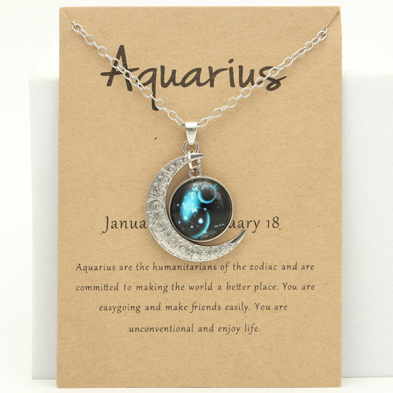 Cross-border New Luminous 12 Zodiac Necklace Retro Moon Pendant Card Short Necklace, father's day gift