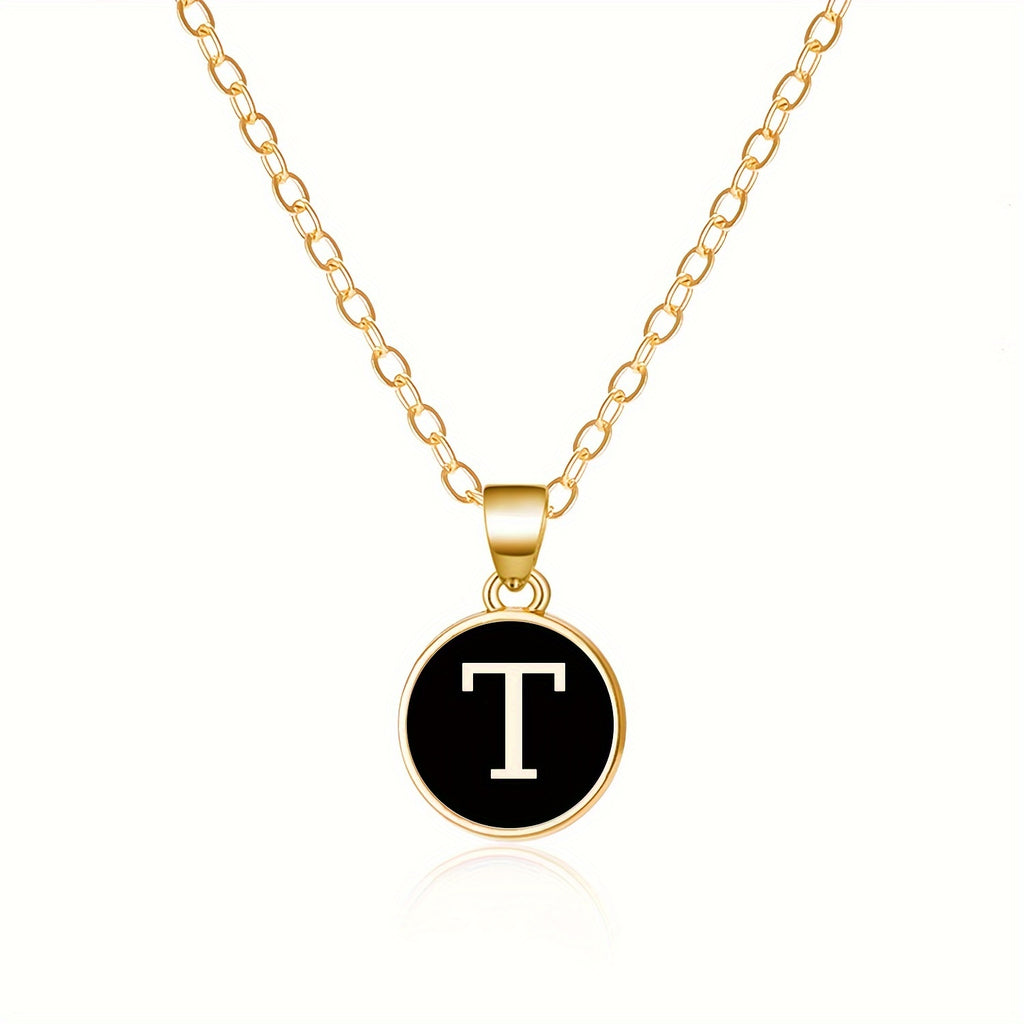 Round Shape 26 English Letter Pattern Pendant Necklace Elegant Simple Style Zinc Alloy Jewelry Trendy Female Necklace