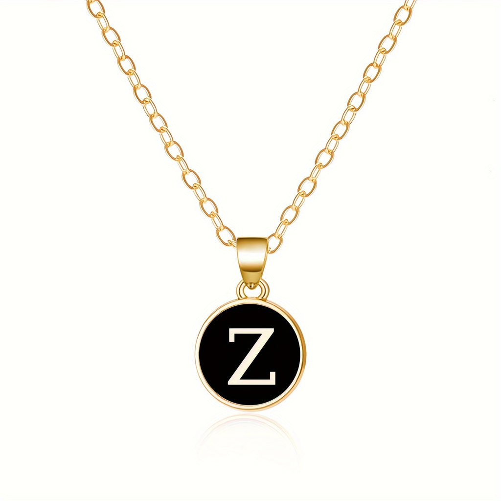 Round Shape 26 English Letter Pattern Pendant Necklace Elegant Simple Style Zinc Alloy Jewelry Trendy Female Necklace