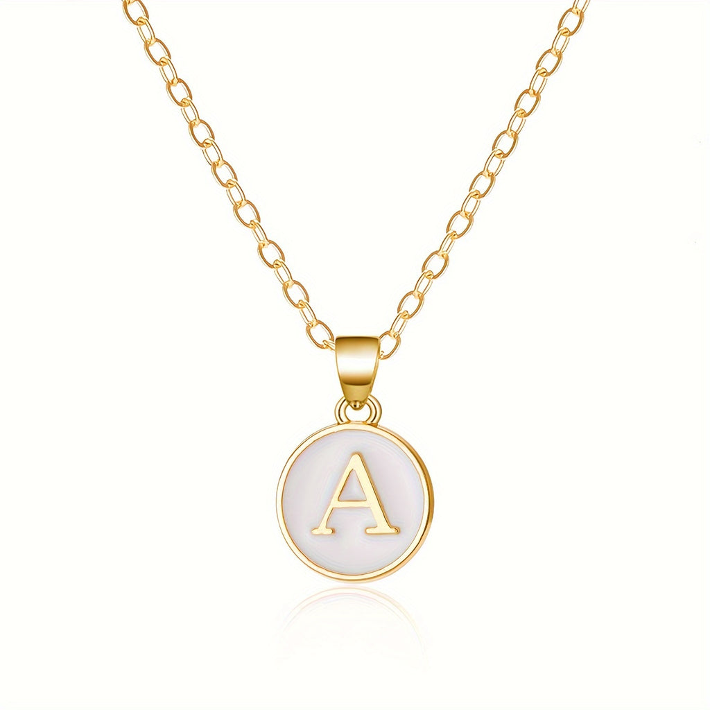 Round Shape 26 English Letter Pattern Pendant Necklace Elegant Simple Style Zinc Alloy Jewelry Trendy Female Necklace