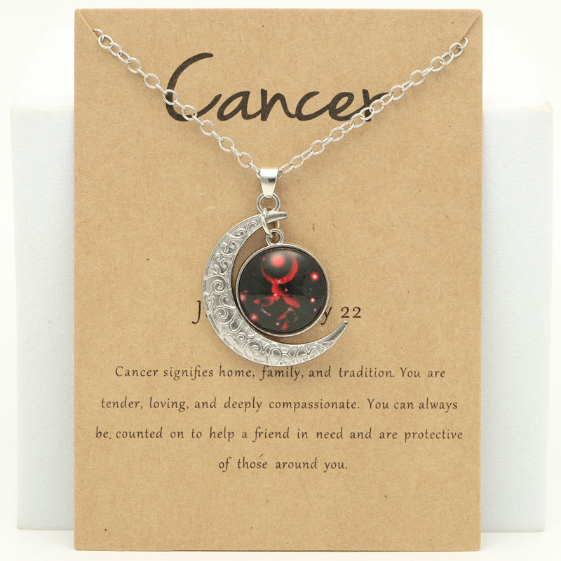 Cross-border New Luminous 12 Zodiac Necklace Retro Moon Pendant Card Short Necklace, father's day gift
