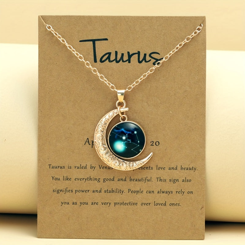 1pc Retro Glow-in-the-Dark Zodiac Moon Pendant Necklace - Vintage Style, Zinc Alloy with Glass Accents, Adjustable Chain for Women - Ideal for Daily Wear & Gifting, Zodiac Jewelry, Gift Jewelry, Vintage Jewelry, Durable Jewel